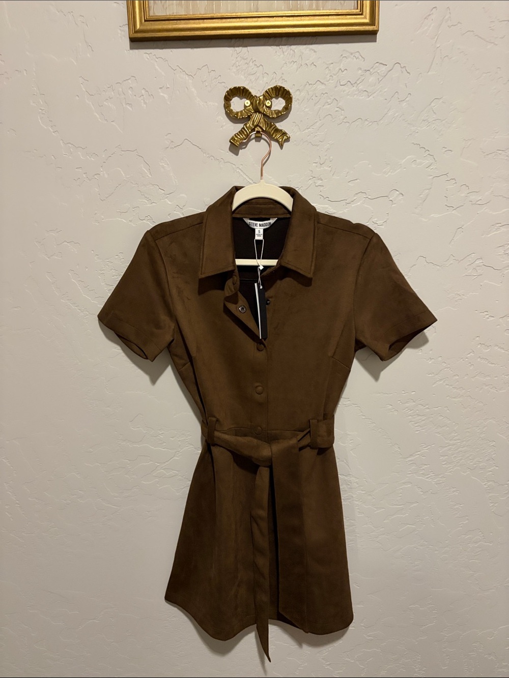 THE GREAT. Brown Suede Mini Shirt Dress